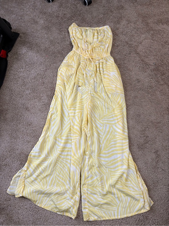 True Destinations Pants - Yellow Printed Strapless Wide-Leg Jumpsuit with Drawstring Waist